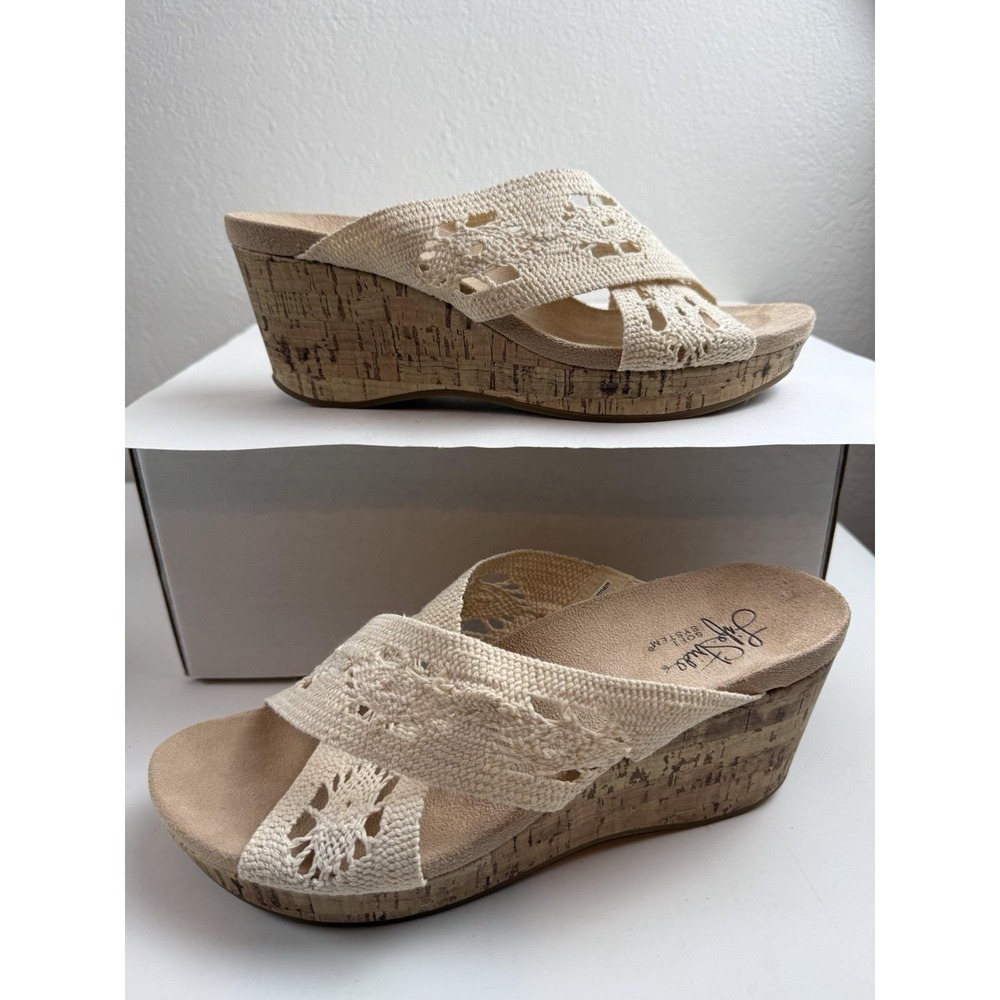 LifeStride Cream Donna Woven Crochet Cork Wedge Slide Sandals Womens Size 8.5 - Picture 4 of 9